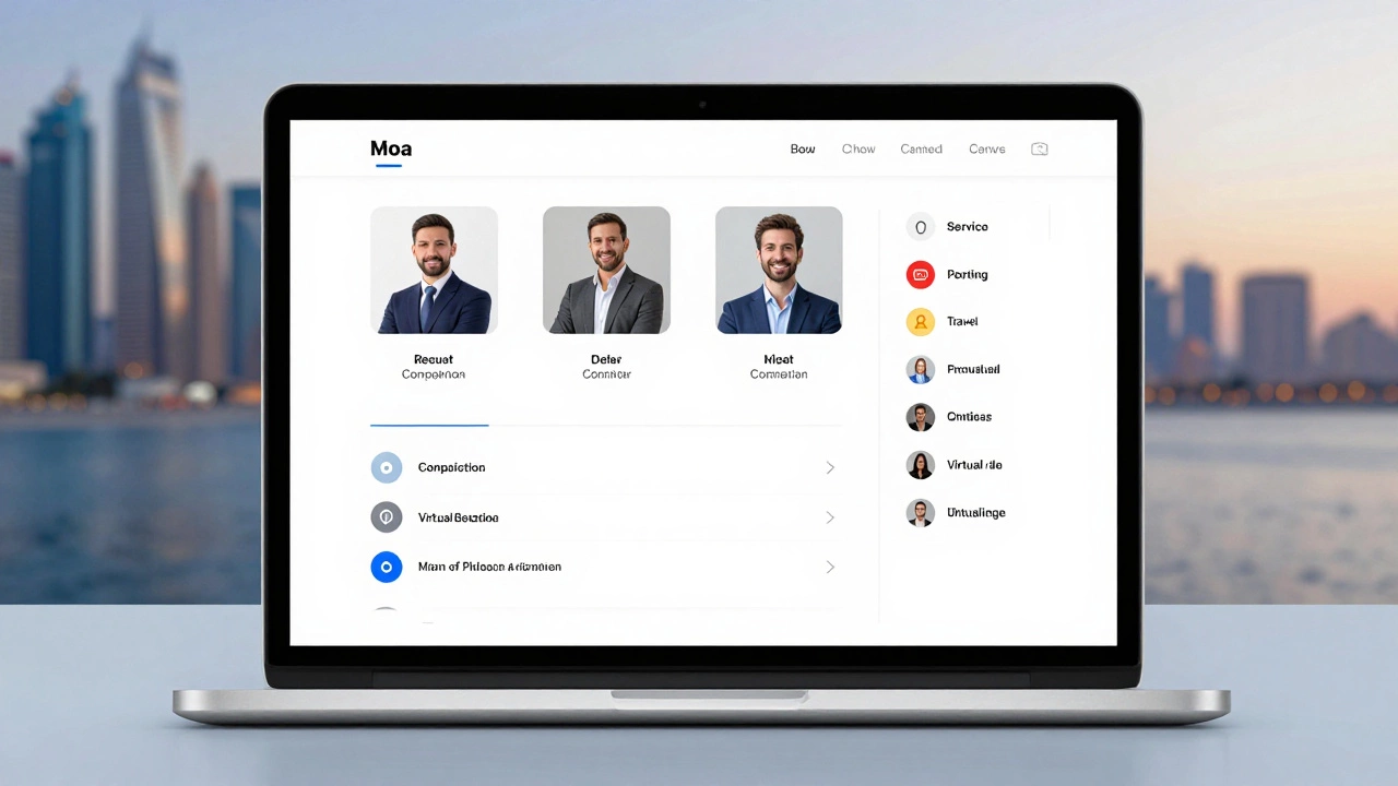 A professional companion&#039;s verified profile displayed on a laptop screen, showing service options and privacy indicators.