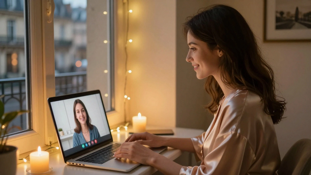 A woman in a silk robe enjoying a virtual companionship session with candlelight and fairy lights in the background.